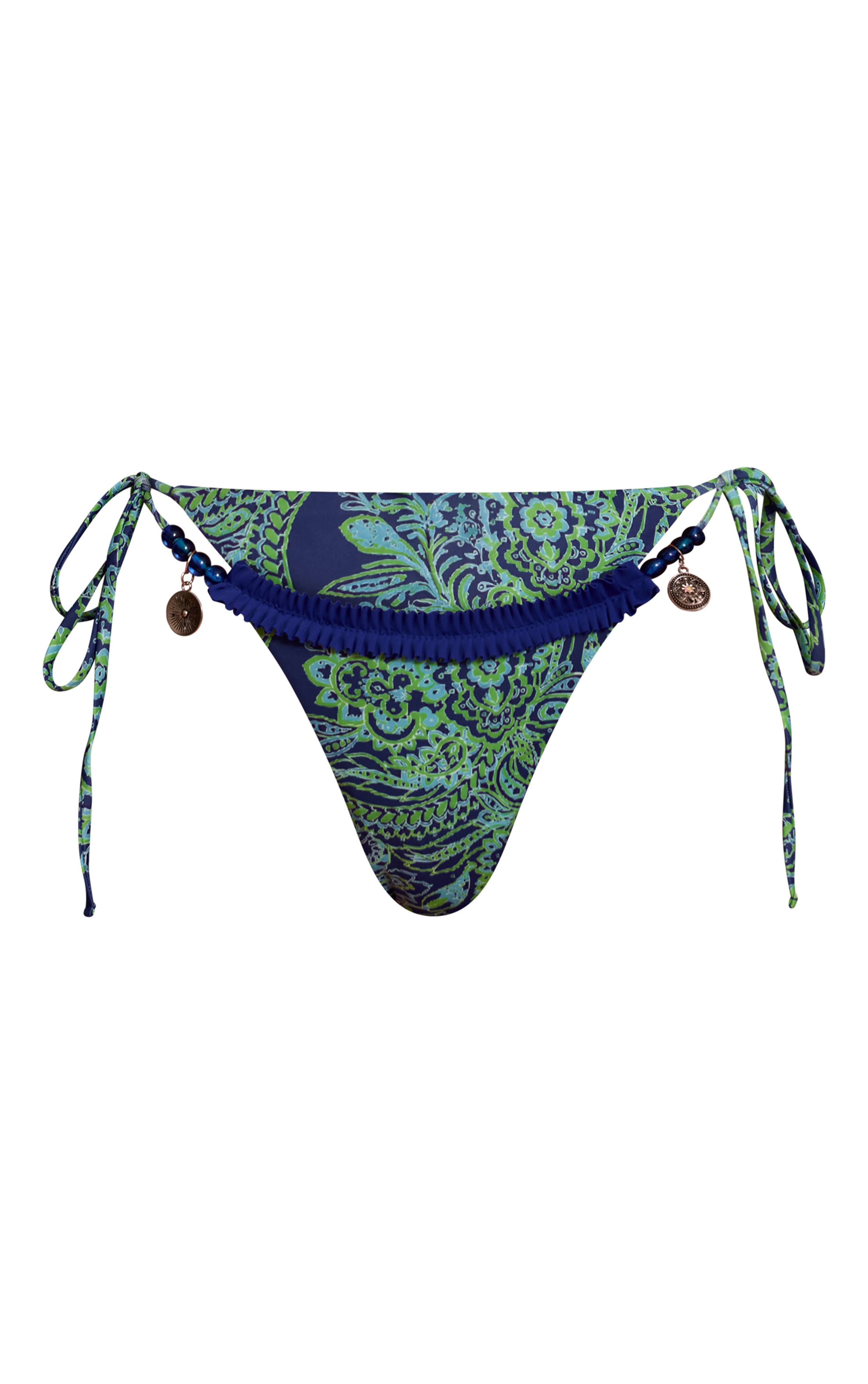 Bleu Haut De Bikini Triangle À Imprimé Paisley Avec Bordure Festonnée Et Détails De Perles