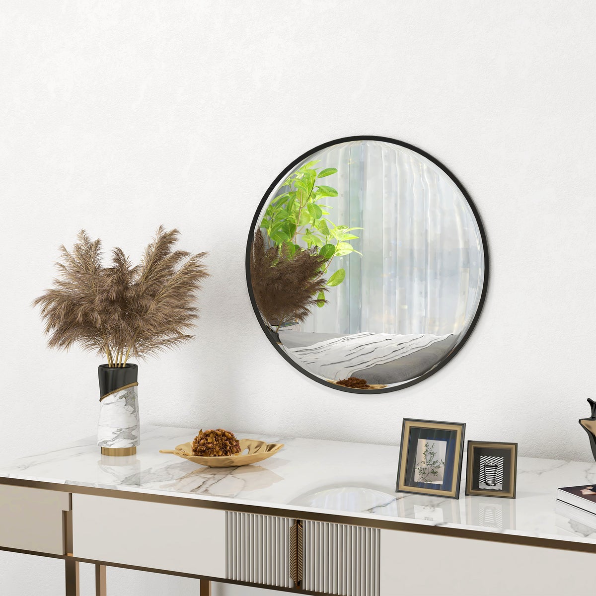 HOMCOM Wandspiegel, 60 x 60 cm ronde badkamerspiegel met aluminium frame, decoratieve spiegel voor badkamer, woonkamer, slaapkamer, zwart