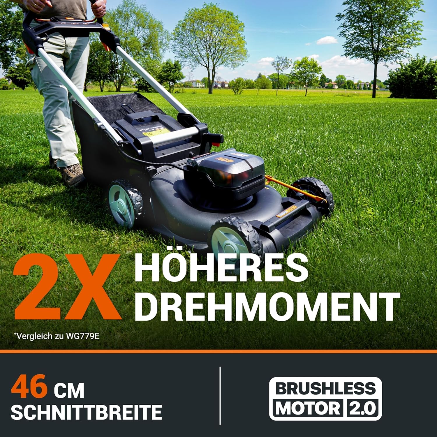 WORX WG749E Akku Rasenmäher 40V (2x20V) & WG163E.9 Akku Rasentrimmer 20V – Rasen