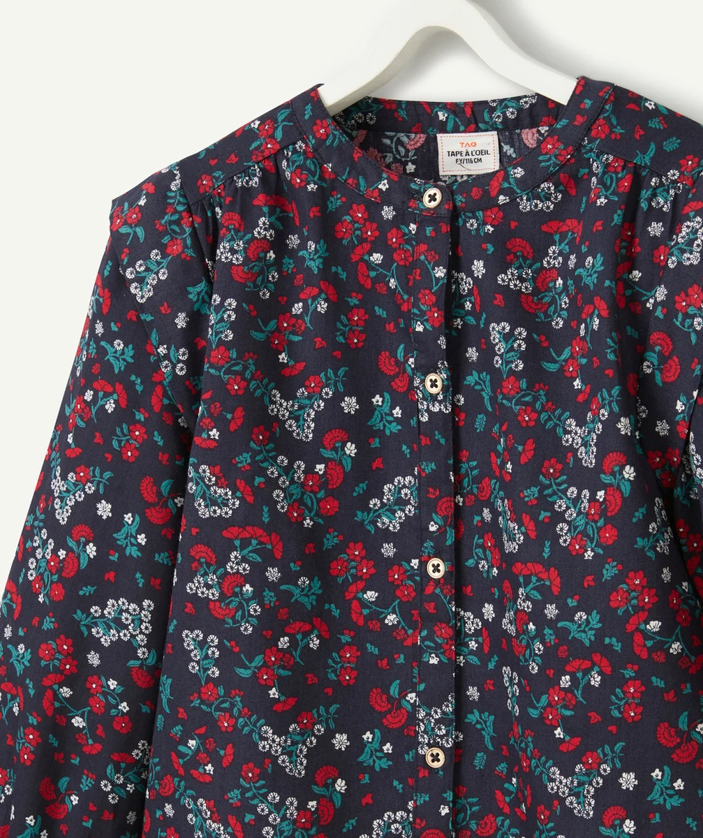 BLOUSE FILLE EN COTON BLEU MARINE ET IMPRIMÉE FLORAL ROUGE ET VERT