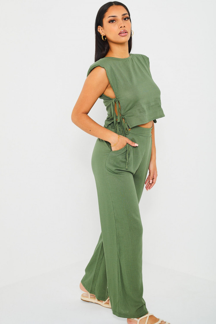Ensemble 2 pièces crop top + pantalon kaki en lin