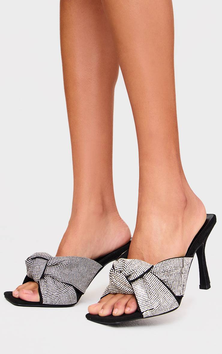 Noir Mules À Talons En Synthétiquecuir Bout Carré Avec Nœud Orné De Strass