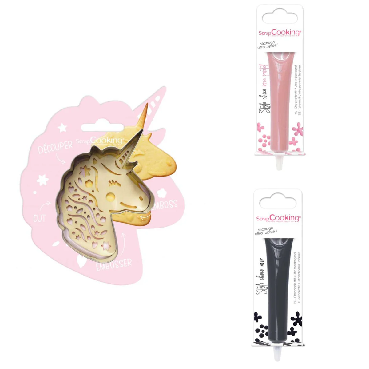 Kit pour biscuit en relief Licorne + 2 Stylos au chocolat rose pastel