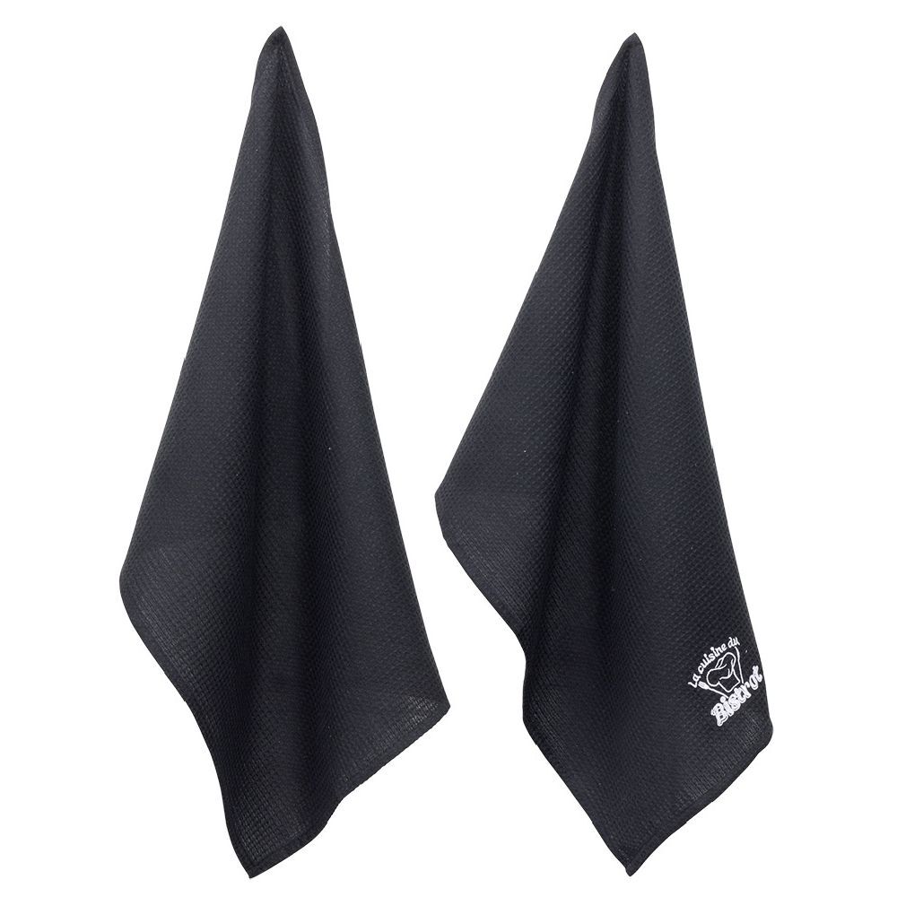 Torchon brodé La cuisine du Bistrot noir x2 - 100% coton 45x70cm