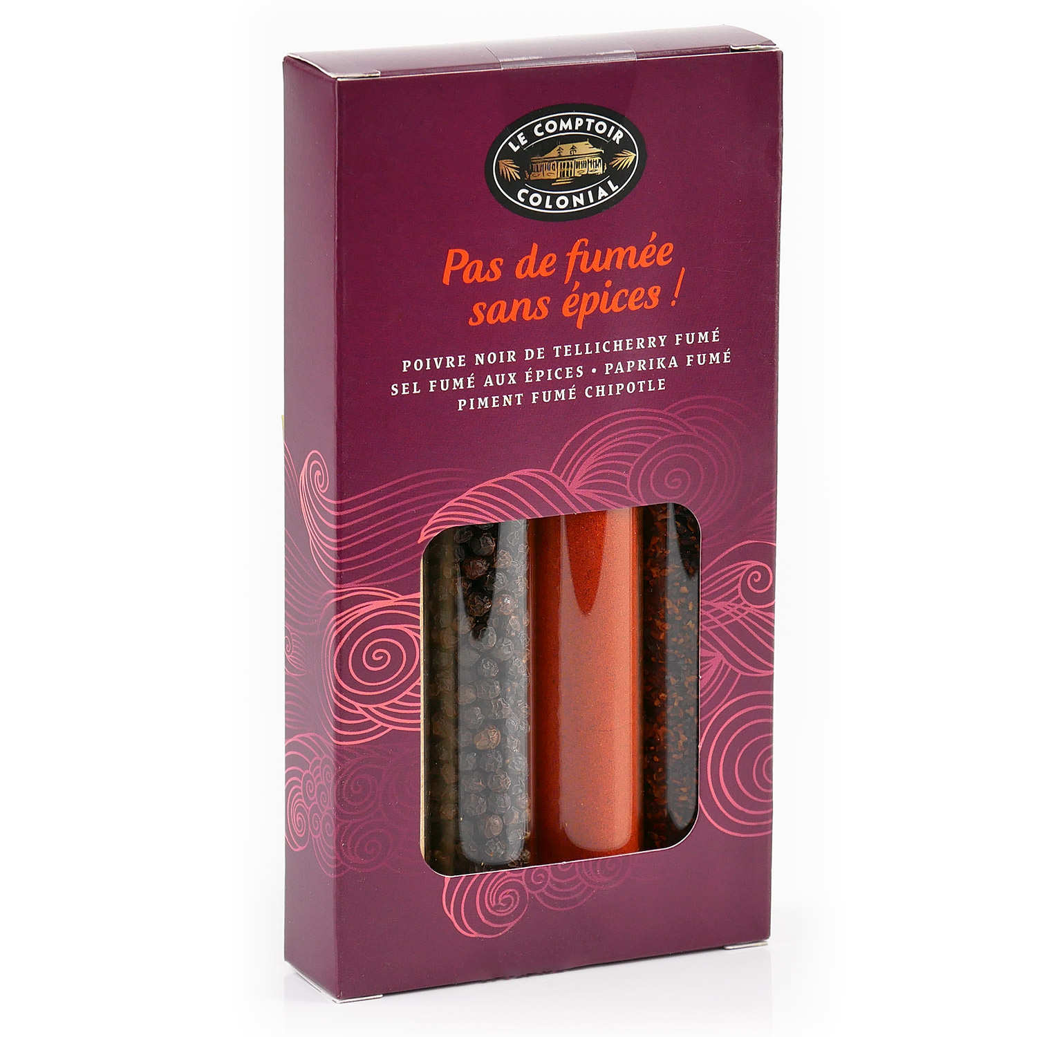 Assortiment de 4 tubes d'épices fumées : poivre noir fumé, sel fumé aux épices, paprika fumé et piment fumé