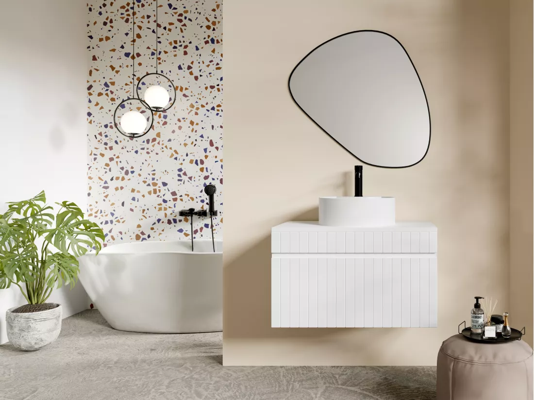 Meuble sous vasque suspendu strié blanc avec planche - 80 cm - SATARA
