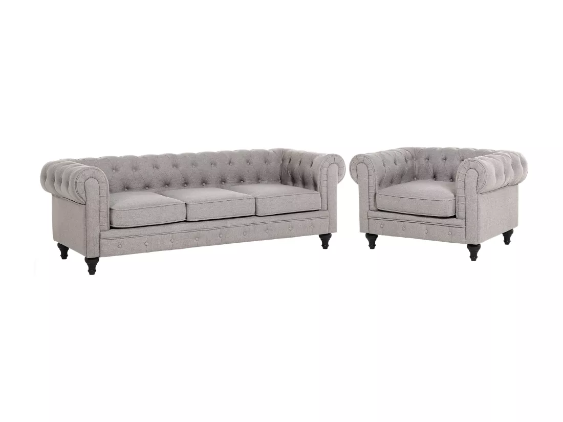 Ensemble canapé et fauteuil en tissu gris clair 4 places CHESTERFIELD