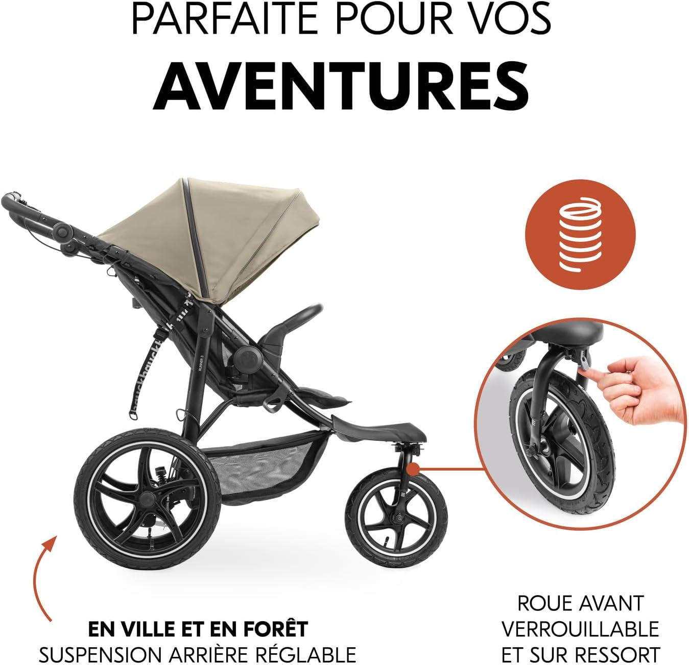 hauck Poussette 3 Roues Runner 3, Tout Terrain avec Roues XL Gonflables, Jusqu'à 22 kg, Frein à Main, Suspension, Canopy UPF 50+, Pliable, Panier, Position Allongée, Porte-Gobelet (Jungle Green)
