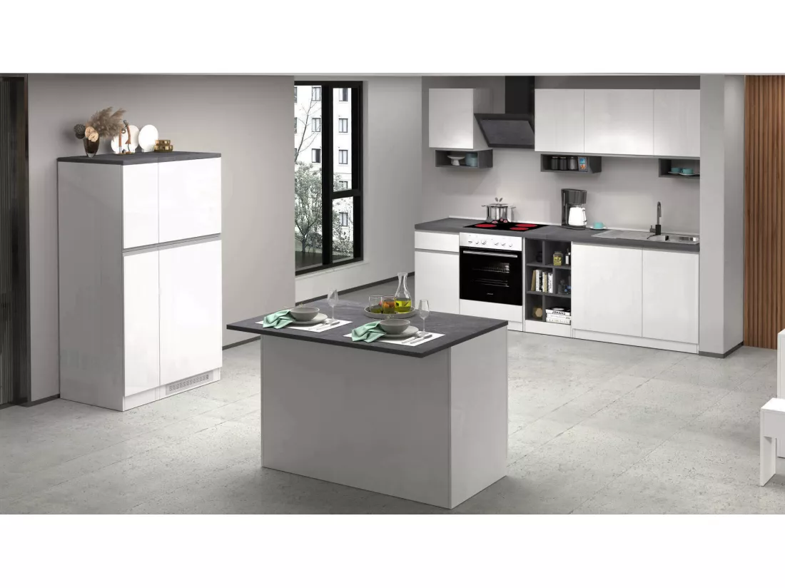 Cuisine complète Dantenucc, Ensemble avec garde-manger, Meuble de kitchenette, Kit bloc avec îlot et porte-frigo, 100% Made in Italy, Blanc brillant et ardoise
