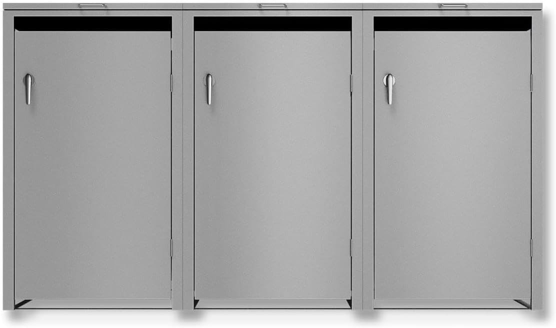 Metzler Mülltonnenbox 3er 240L in Graualuminium, Mülltonnenverkleidung für 3 Tonnen abschließbar und mit Automatikdeckel, pulverbeschichteter & witterungsbeständiger Stahl in RAL9007, Müllbox rostfrei