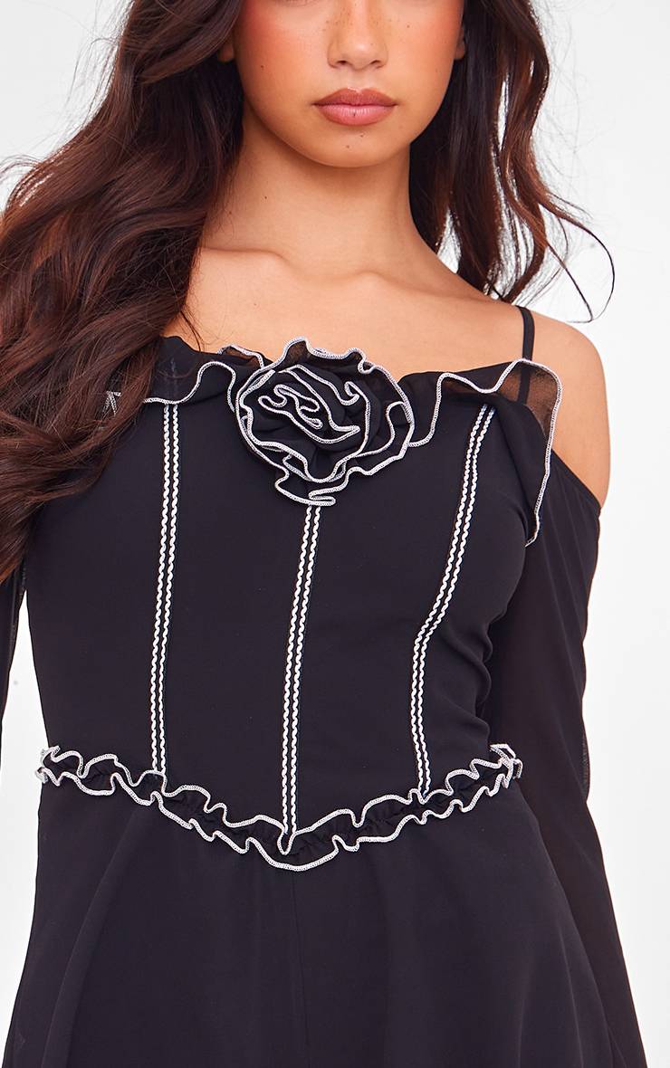 Noir Combinaison-short En Mousseline À Applique Rose Et Coutures Contrastantes