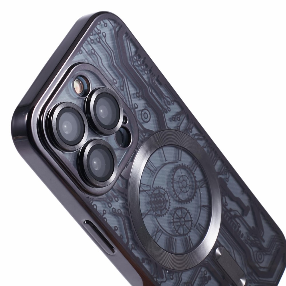 iPhone 15 Pro MagSafe Gummi Case Hülle Galvanisierter Rahmen im Mechanischen Zahnrad Design   Kameraglasschutz - Schwarz