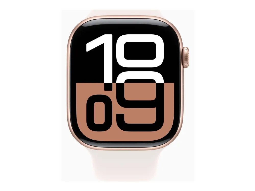 Apple Watch Series 10 (GPS) - 46 mm - roseguldaluminium - smart ur med sportsbånd - fluoroelastomer - lyserød - båndstørrelse: M/L - 64 GB - Wi-Fi 4, UWB, Bluetooth - 36.4 g