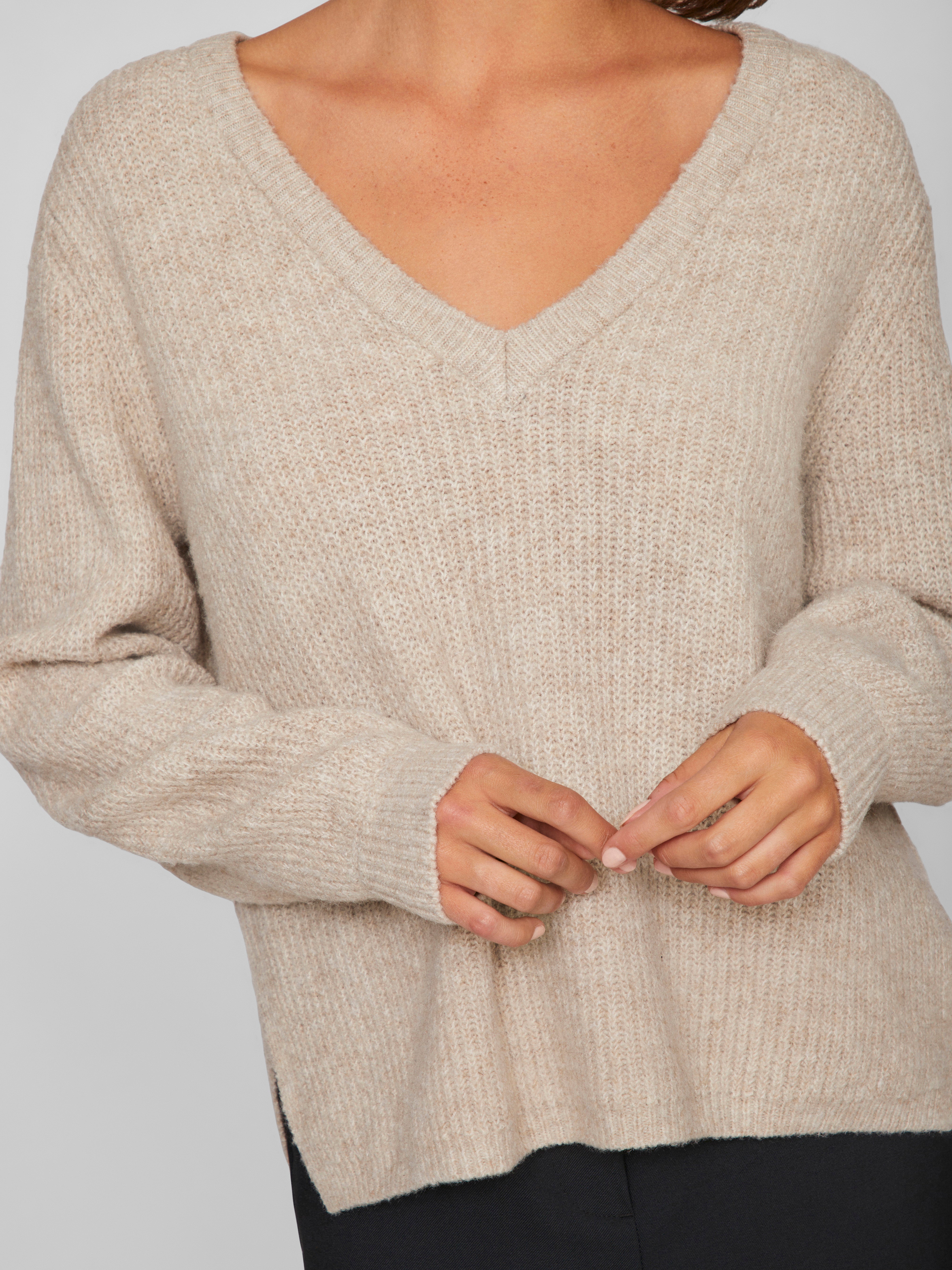 Vila  Vibeluna V-neck Rev L/S striktrøje - Natural Melange