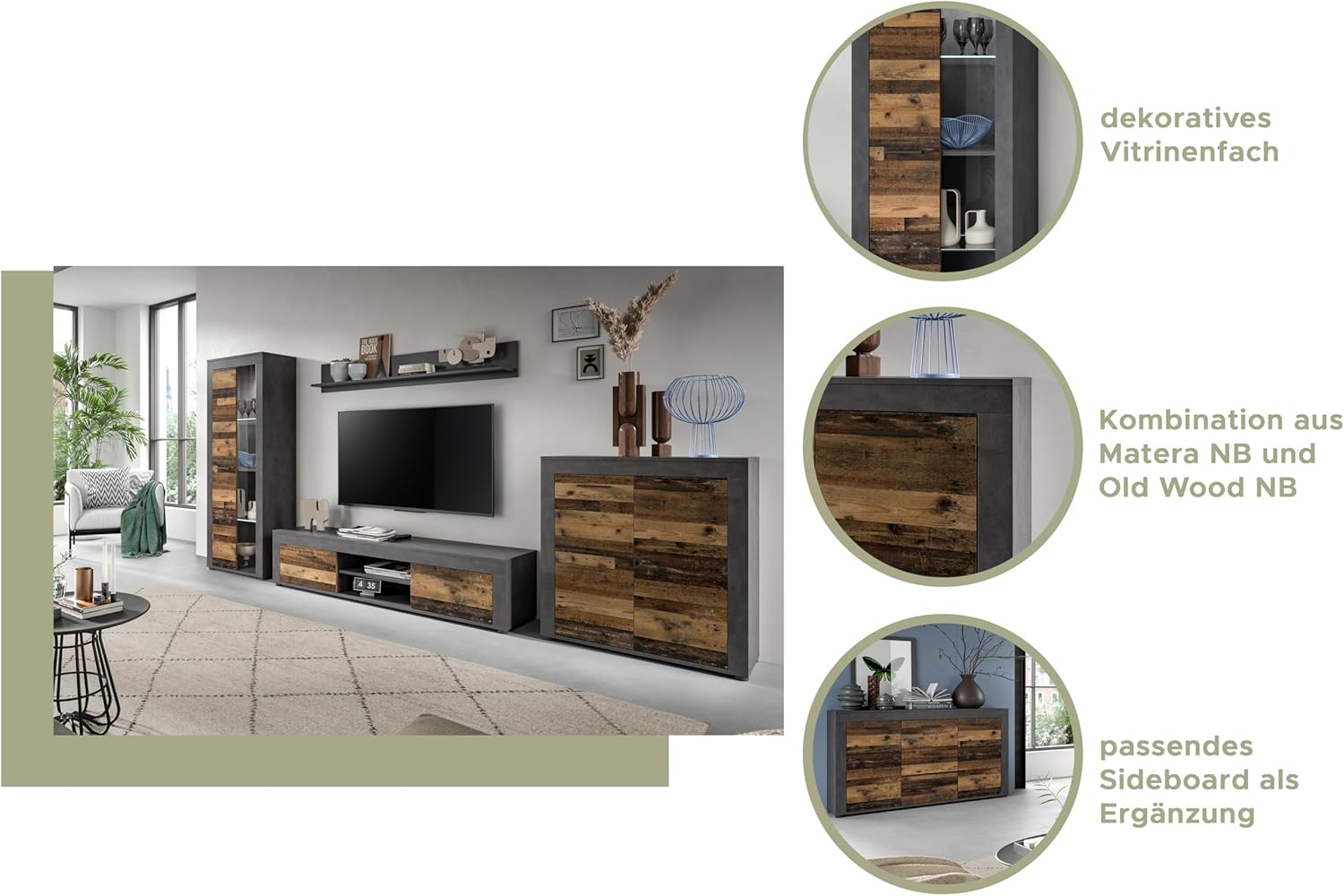 xonox.home Wohnzimmer Jam Lowboard TV-Board Wohnzimmerboard Medienmöbel TV-Bank TV-Schrank in Front Old Wood Nb. Korpus Matera Nb., ca.160x37x40 cm