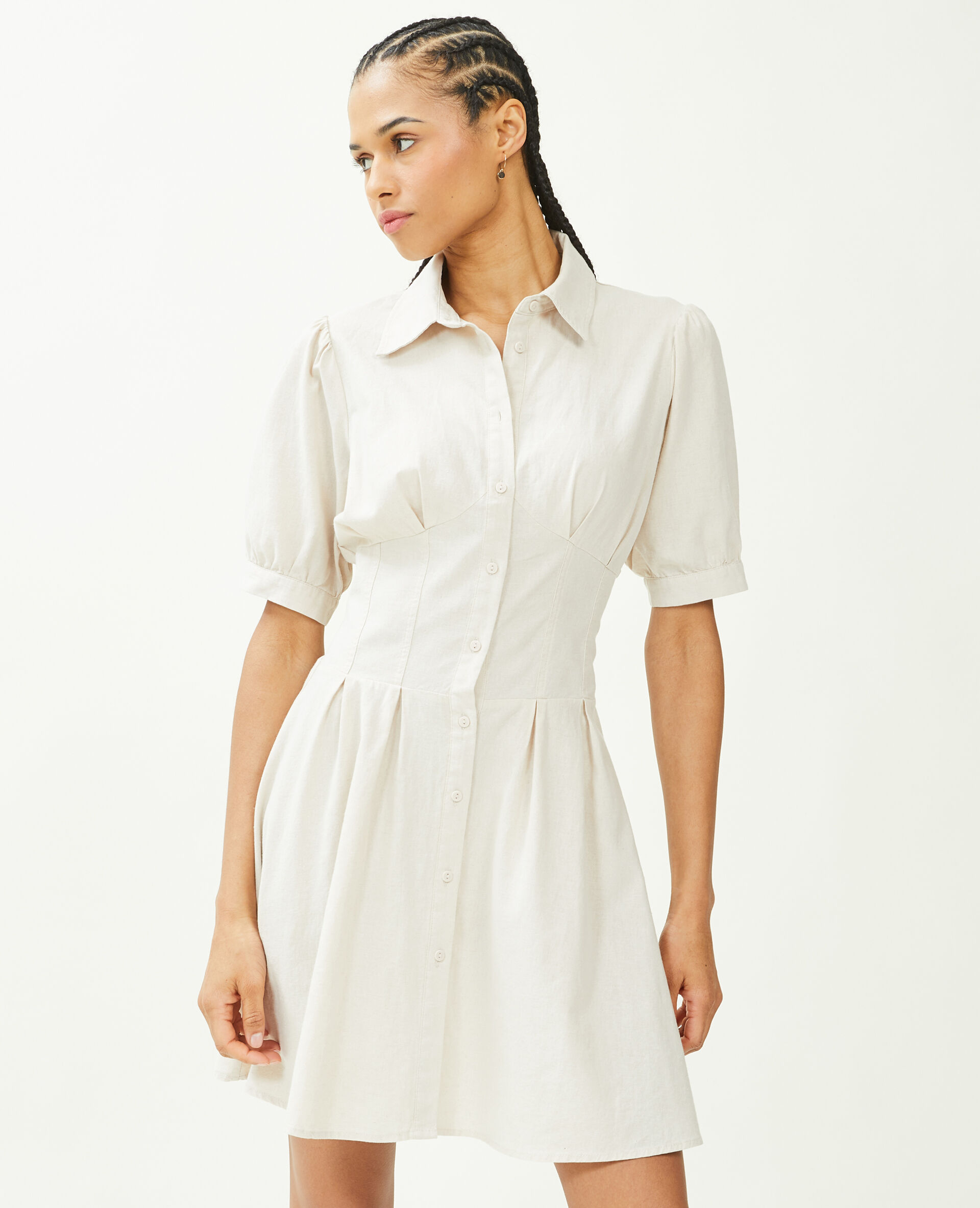 Robe cintrée et boutonnée avec lin - Sable