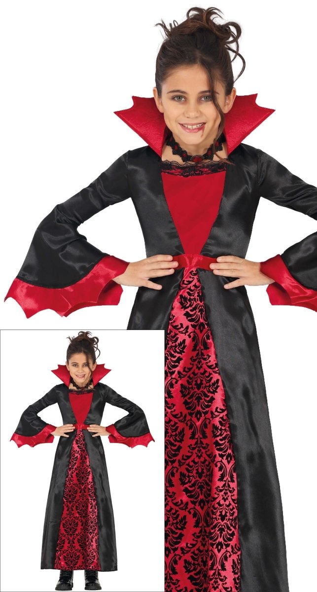 Halloween Kostuum Zwart Rood Meisje Vampier Lang