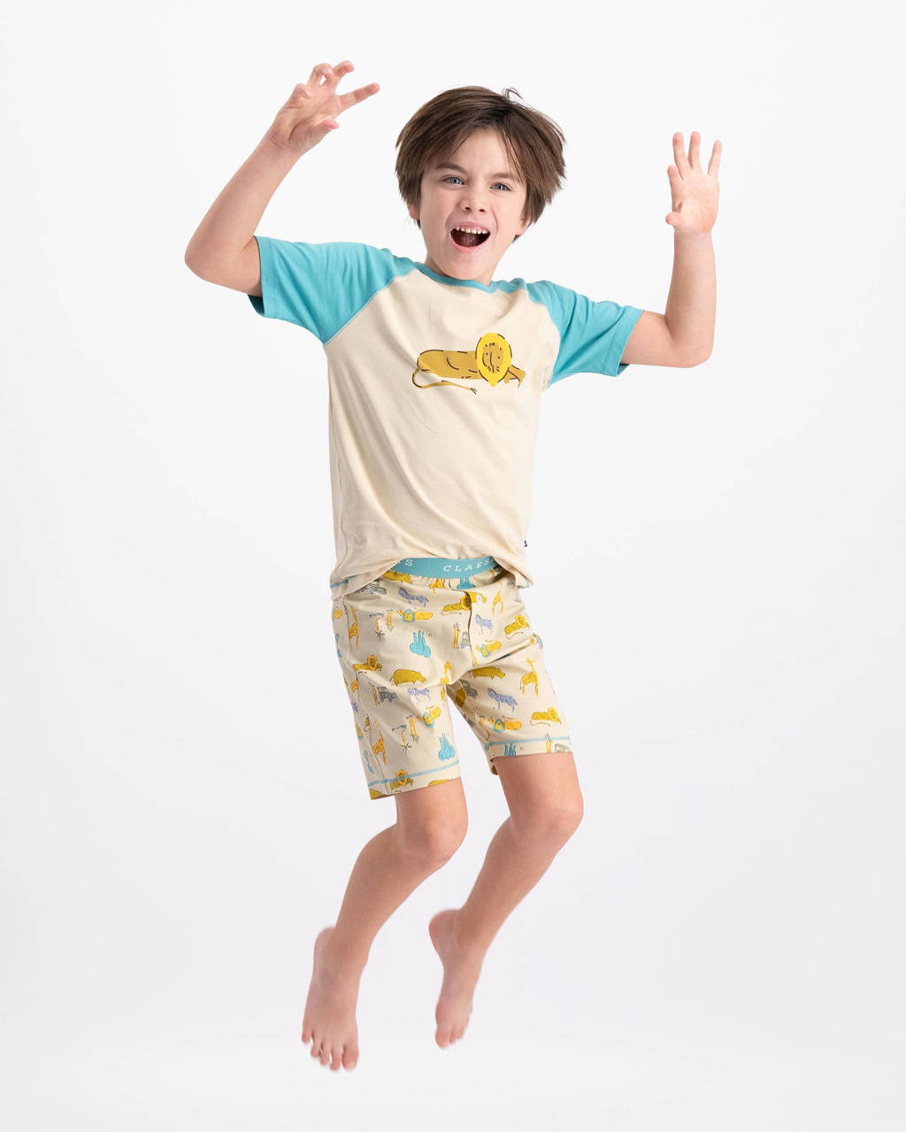 Claesen's shortama met dierenprint blauw/geel/grijs
