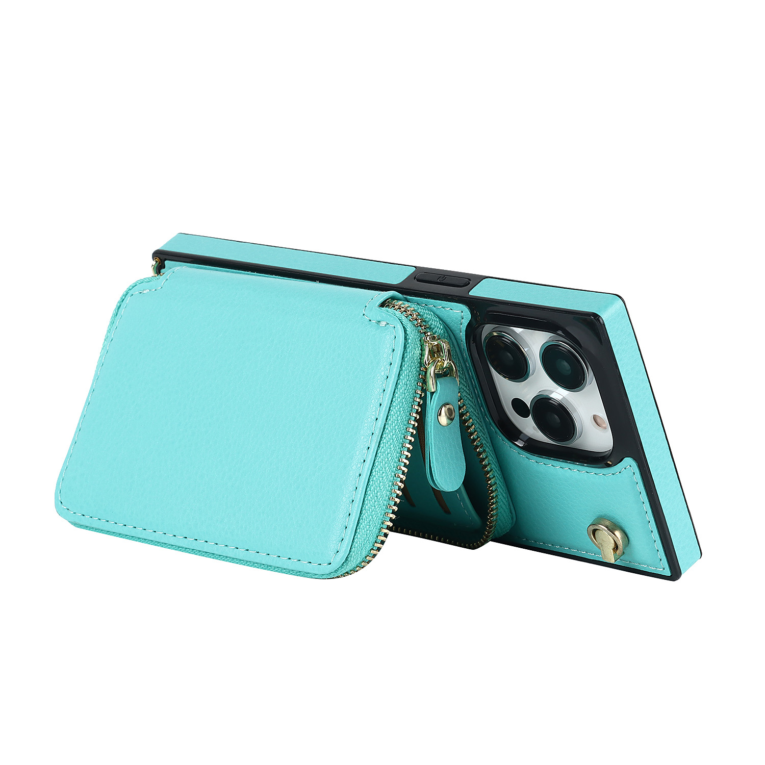 iPhone 14 Pro Necklace Leder Schutz Hülle mit Kartenfächer   Handykette (140cm) - Türkis