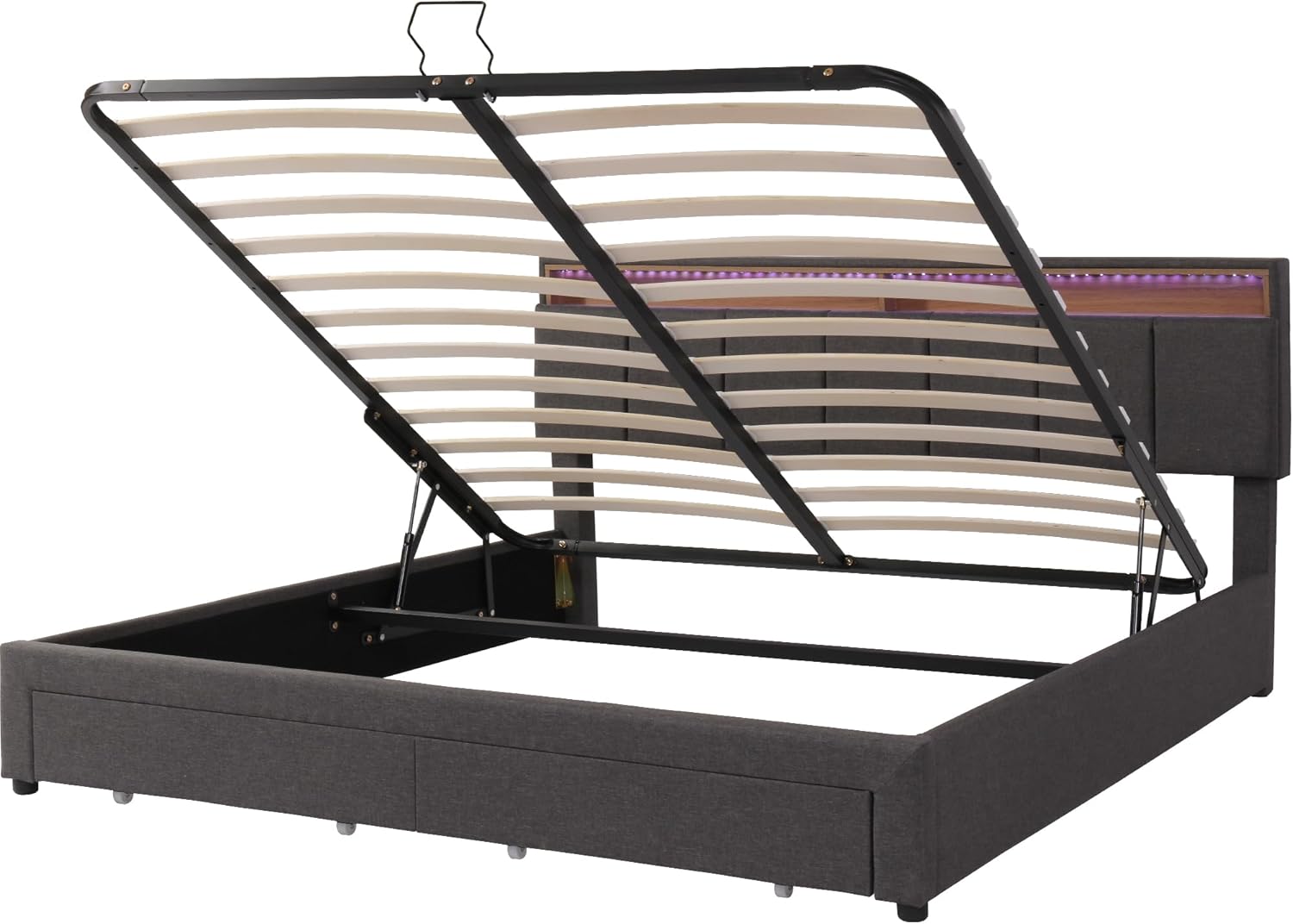 Polsterbett 160x200 cm mit LED-Beleuchtung, Doppelbett mit Stauraum und 2 Schubladen, Erwachsenenbett mit Hydraulischem Stauraum, Bettgestell Bett mit Lattenrost, Ohne Matratze, Grau, Leinen