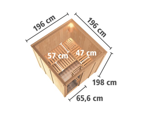 Karibu Rodina modulaire sauna zonder oven, zonder dakrand, met volledig glazen deur van helder glas