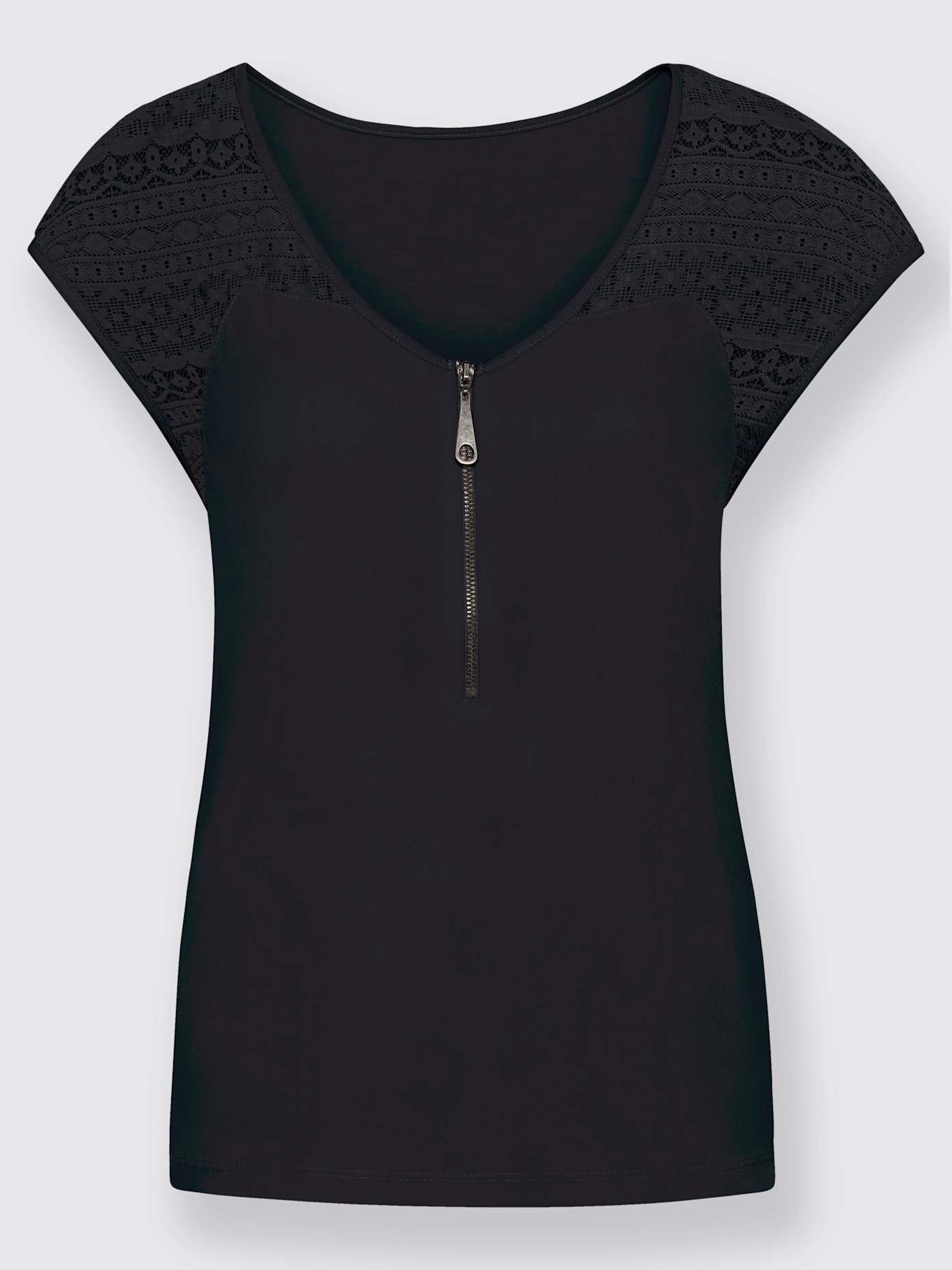 T-shirt col v à glissière épaules en dentelle