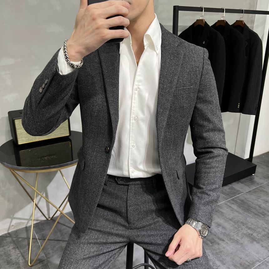 Deepwood - Set: Effen wollen blazer met één knoop + taps toelopende pantalon