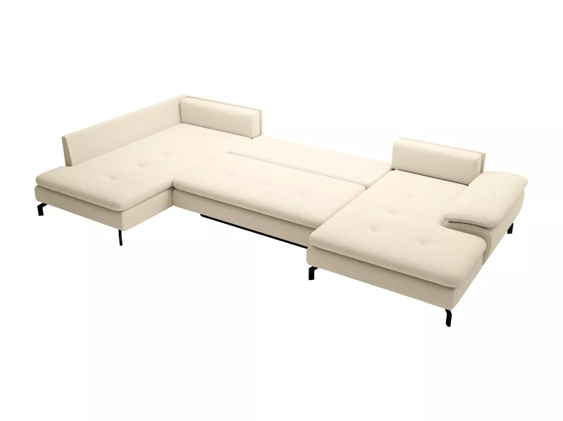 Grand canapé d'angle gauche panoramique convertible en tissu texturé beige ARCHIBALD