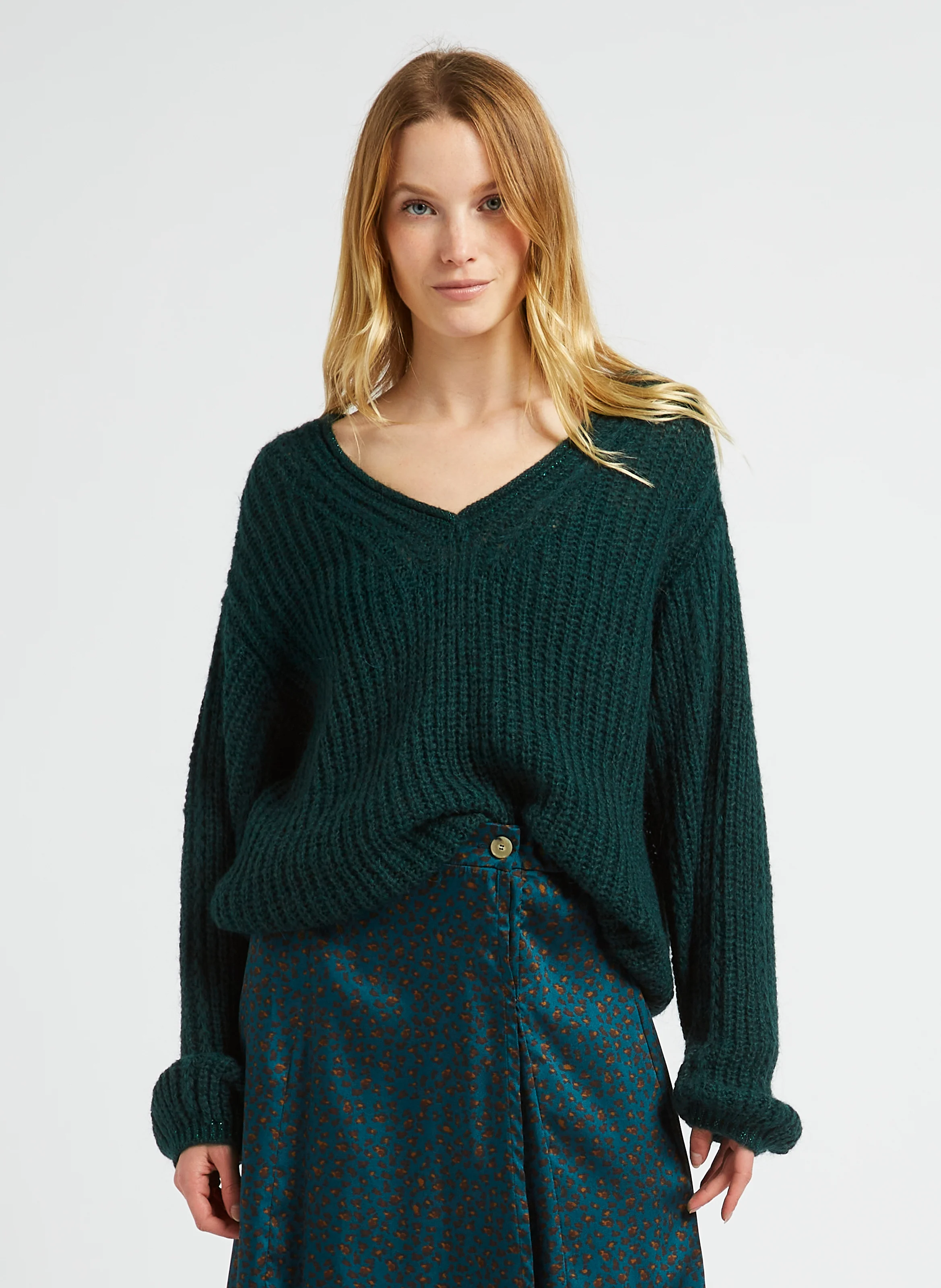 TING - Pull ample col V en maille | Vert