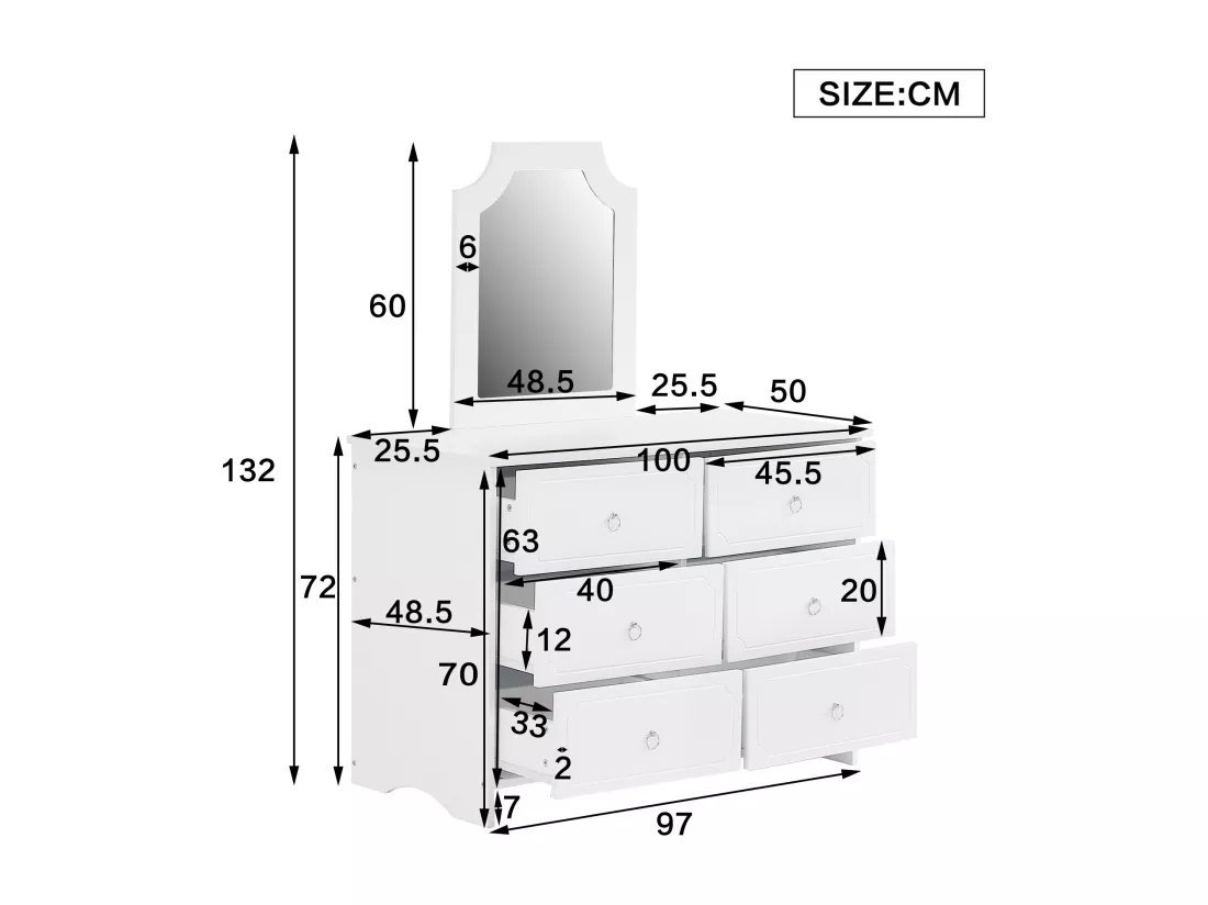 Coiffeuse avec un miroir amovible - 6 tiroirs - en MDF et panneaux de particules - Blanc