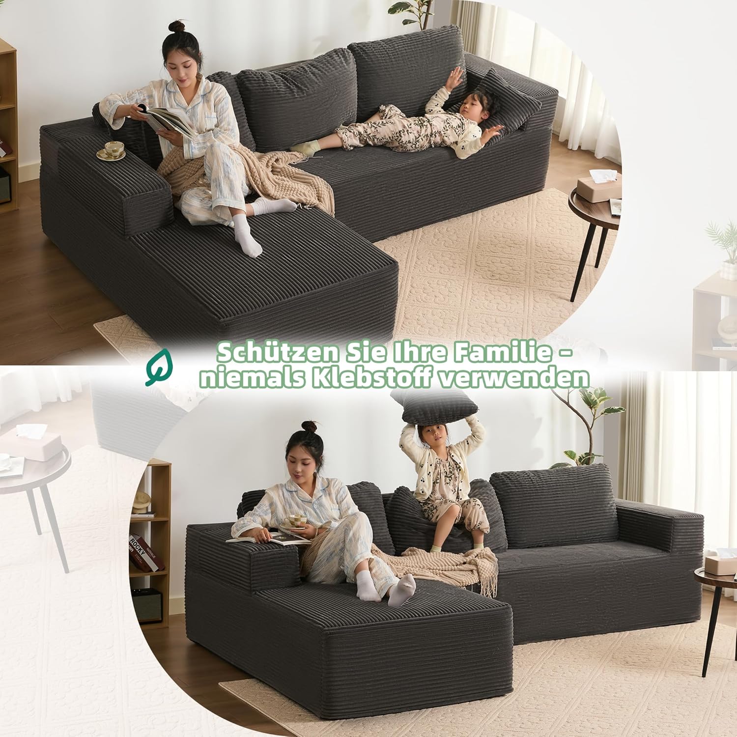 Modulares L-förmiges Ecksofa mit Schlaffunktion – rahmenloses Schlafsofa mit Chaiselongue Links, extra tiefer Sitzfläche, montagefrei, für Wohnzimmer,Grau