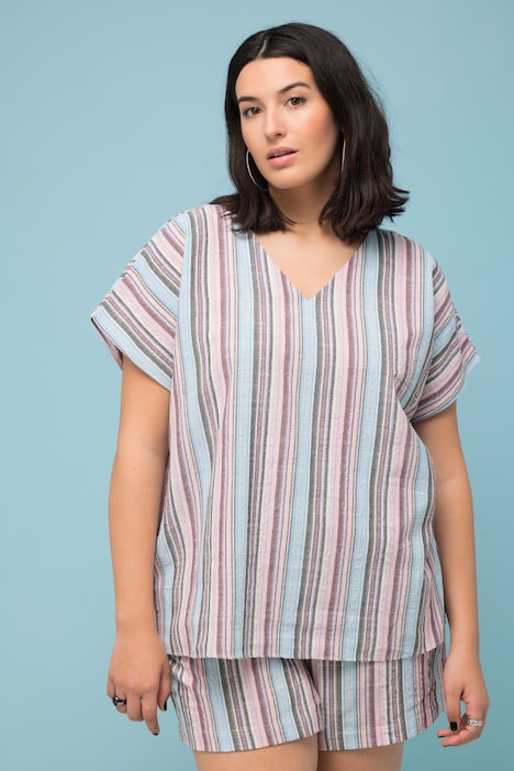 Blusenshirt, oversized, Streifen, V-Ausschnitt