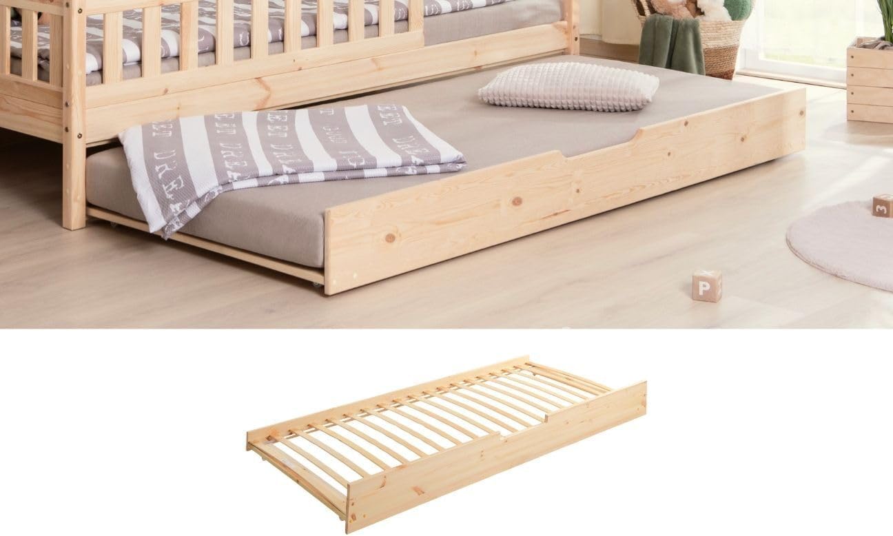 TiCAA Hausbett Bodenbett wandelbar mit asymmetrischem Lou 90/100/120/140x200 cm für Jungen & Mädchen, inkl. Rolllattenrost, Zusatzbett & Rausfallschutz, Montessori Bett aus Kiefer Massivholz