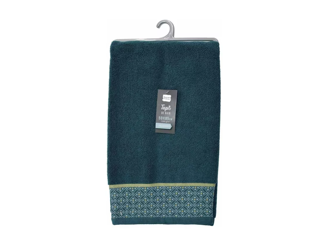 Tapis de bain avec broderies jacquards en coton - Bleu canard - L 85 x l 50 cm