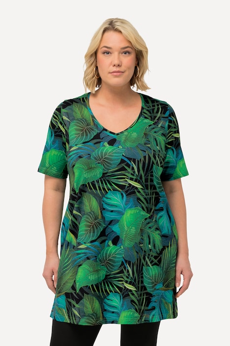 Longshirt, Blätter, A-Linie, V-Ausschnitt, Halbarm