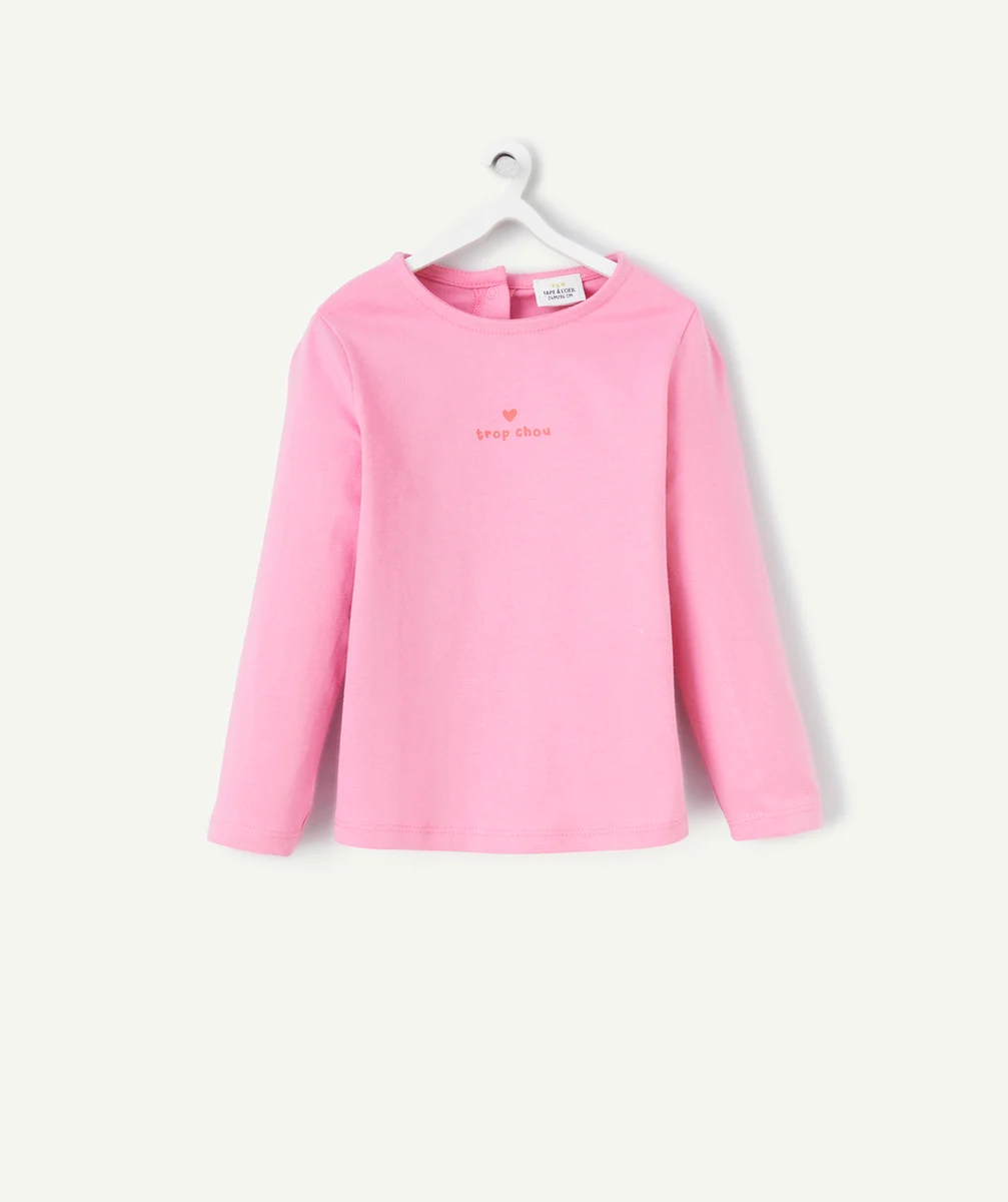 T-SHIRT MANCHES LONGUES BÉBÉ FILLE EN COTON BIO ROSE THÈME TROP CHOU