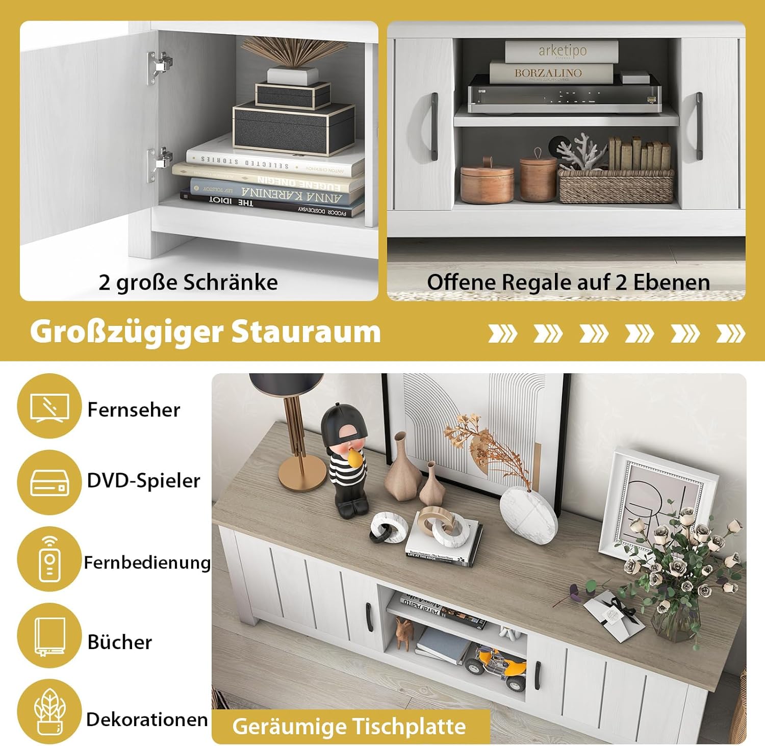 COSTWAY TV Schrank, Lowboard mit 2 Türen und offenen Regalen, TV Ständer für Fernseher bis 65 Zoll, Fernsehtisch, Fernsehschrank für Wohnzimmer, Schlafzimmer, 145 x 40 x 50 cm (Weiß + Grau)