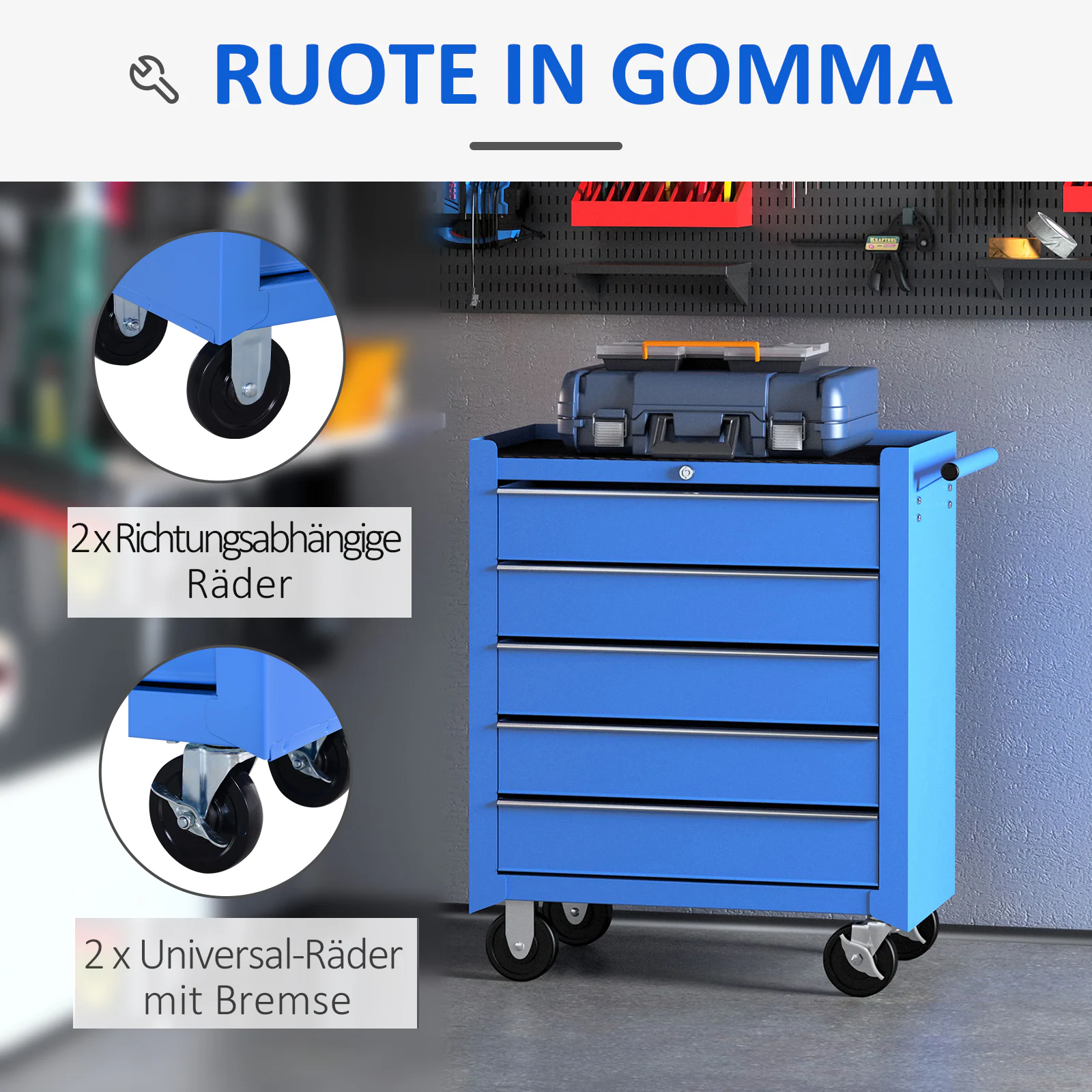 HOMCOM Fahrbarer Werkstattwagen mit 5 Schubladen blau 67,5 x 33 x 77 cm (BxTxH ohne Räder)