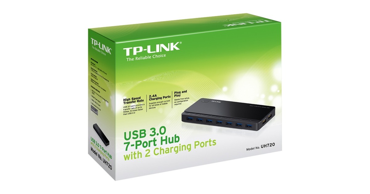 TP-LinkUH720 7-Port USB 3.0 usb-hub  (Zwart, Met oplaadaansluitingen)