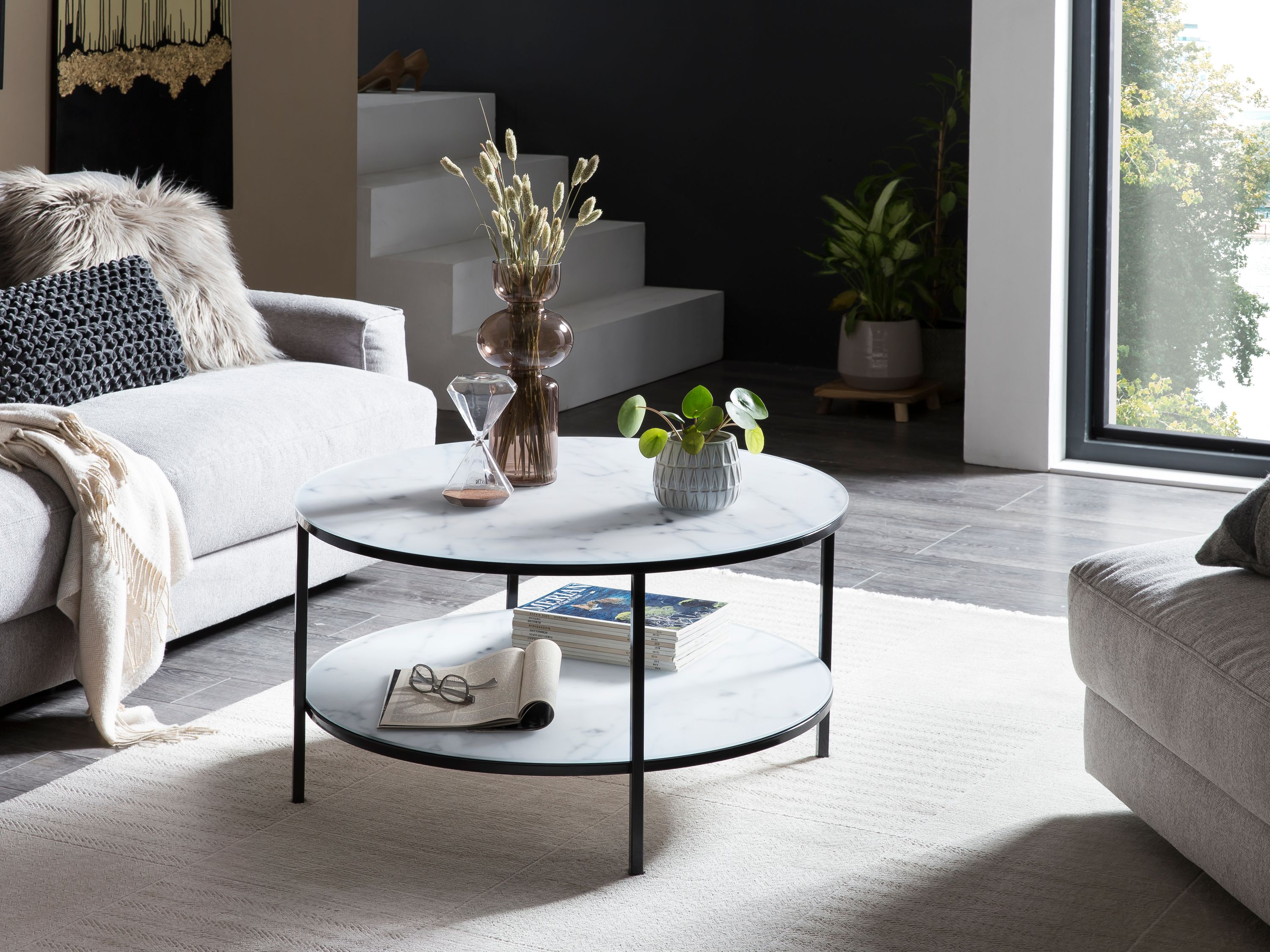 Couchtisch Ø80cm Marmor Optik Glastisch Sofatisch Beistelltisch Wohnzimmer Tisch