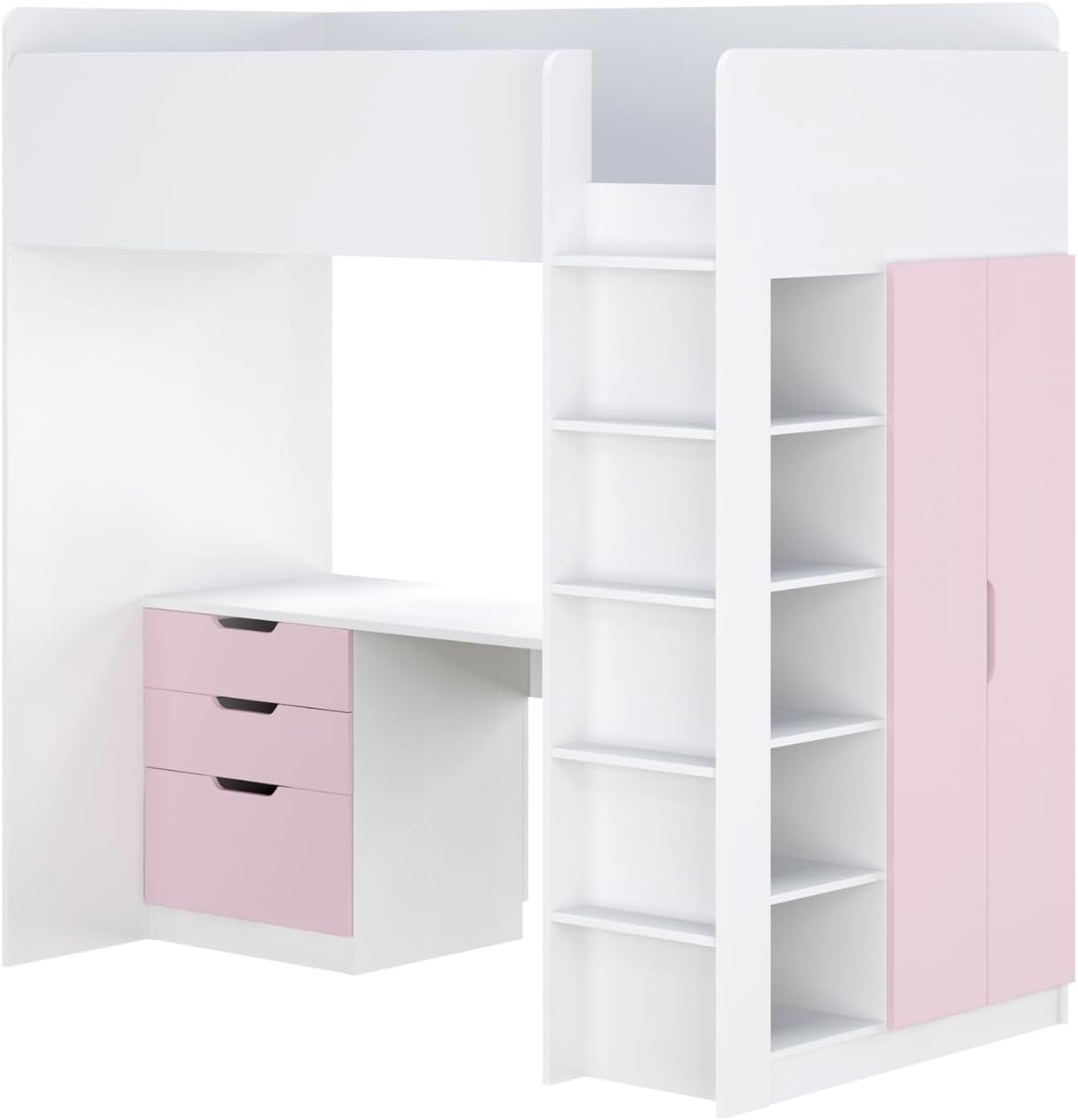 Shefa Kids Hochbett Mit Schreibtisch - Platzsparendes 5-in-1 Hochbett Kinder Mit Treppe, Kleiderschrank, Regal & Arbeitsbereich - Rosa, Belastbar Bis 90 Kg, Maße: 206 x 107 cm