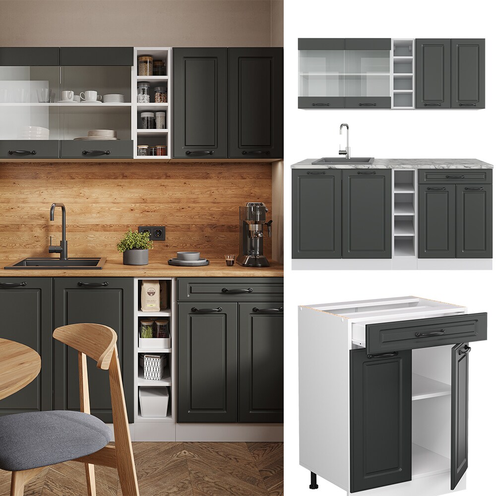 Vicco Küchenzeile Küchenblock Einbauküche R-Line Single Landhaus Weiß Anthrazit 180 cm