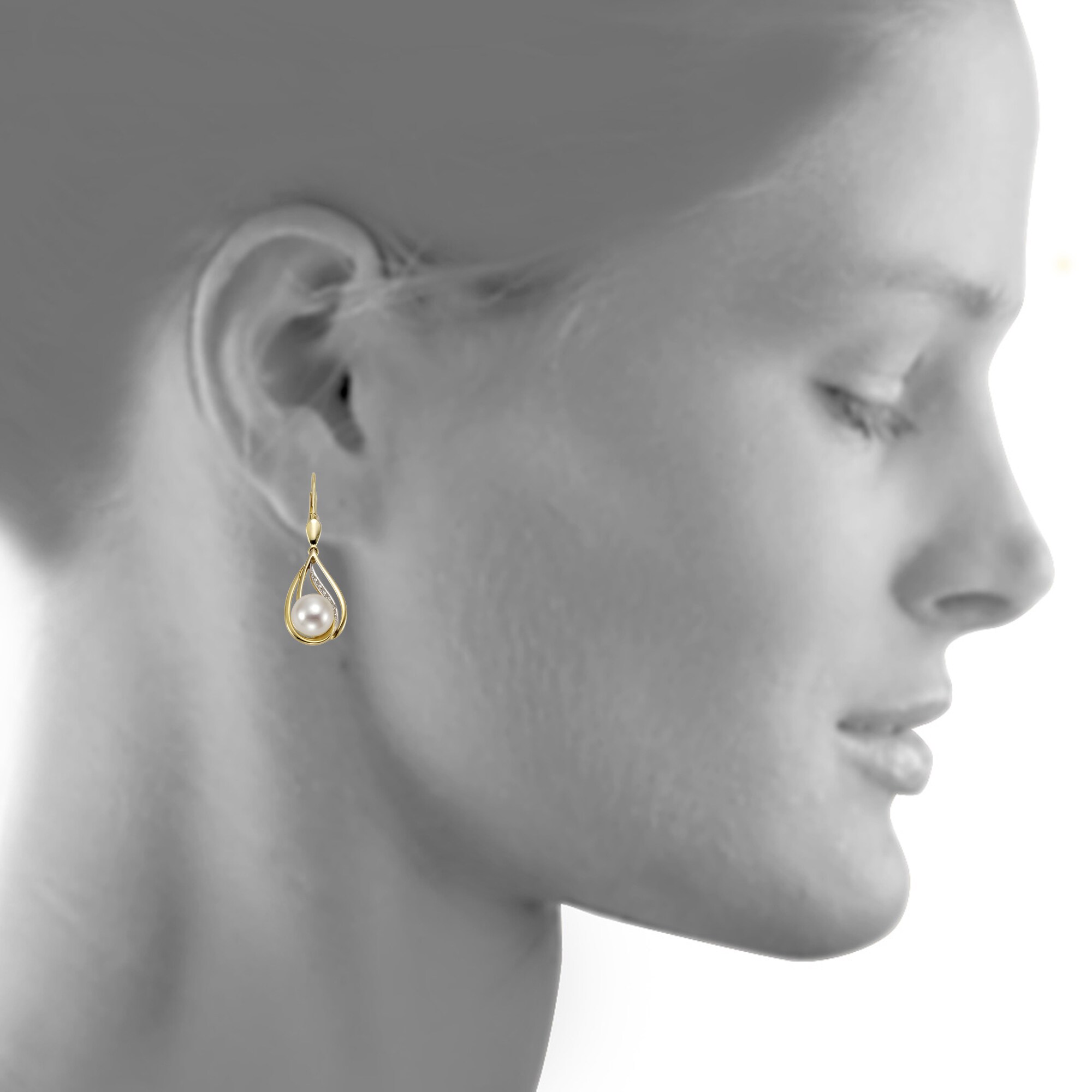 Orolino Ohrringe 585 Gold 2x Perle 7,5-8mm +10x Brillant 0,04ct.