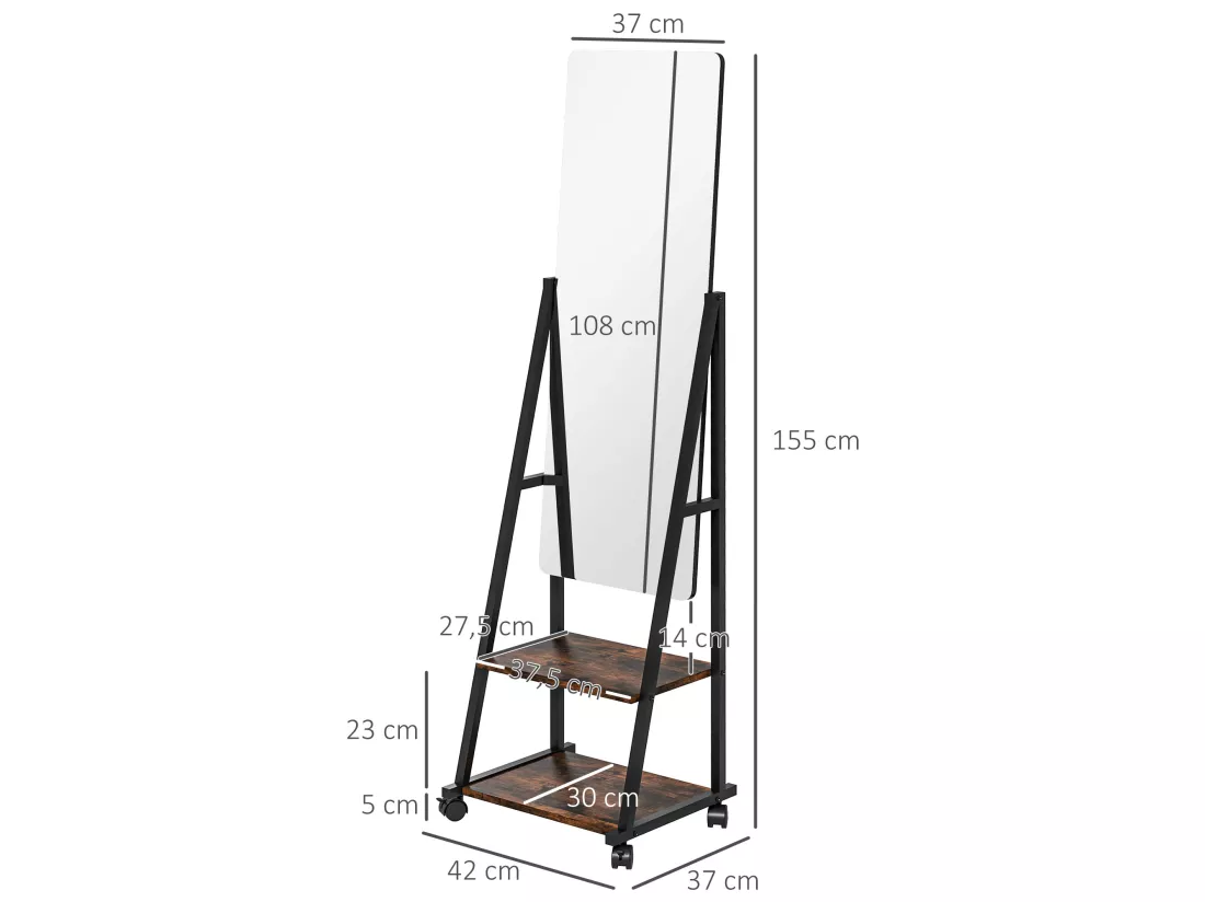 Miroir sur pied rectangulaire avec roulettes angle réglable 2 étagères dim. 42L x 37l x 155H cm verre bois rustique noir