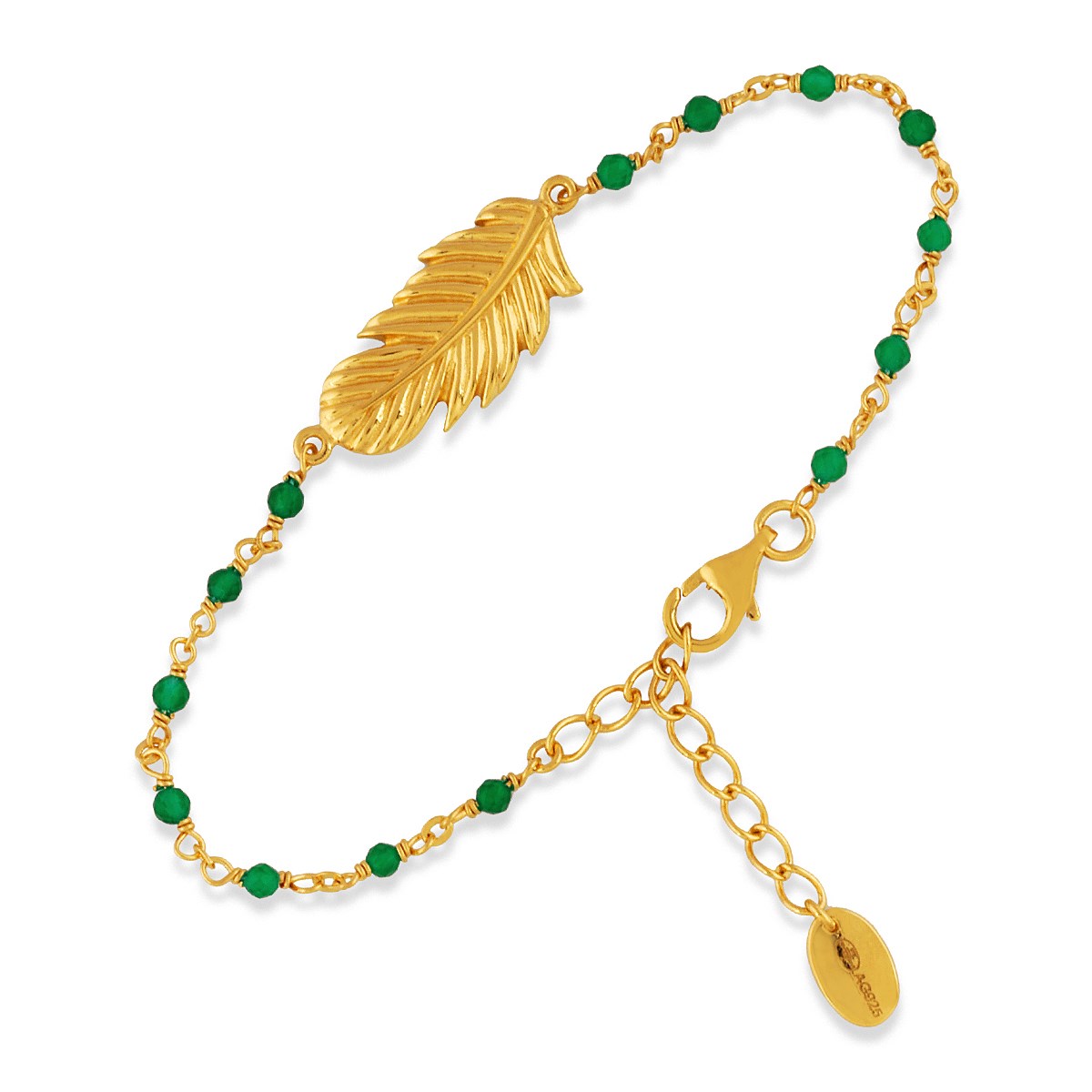 Bracelet En Argent Doré Plume Pierres Onyx Vert