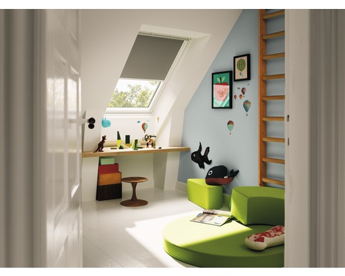 VELUX verduisterend rolgordijn, effen grijs, handbediend, wit frame, DKL C02 0705SWL