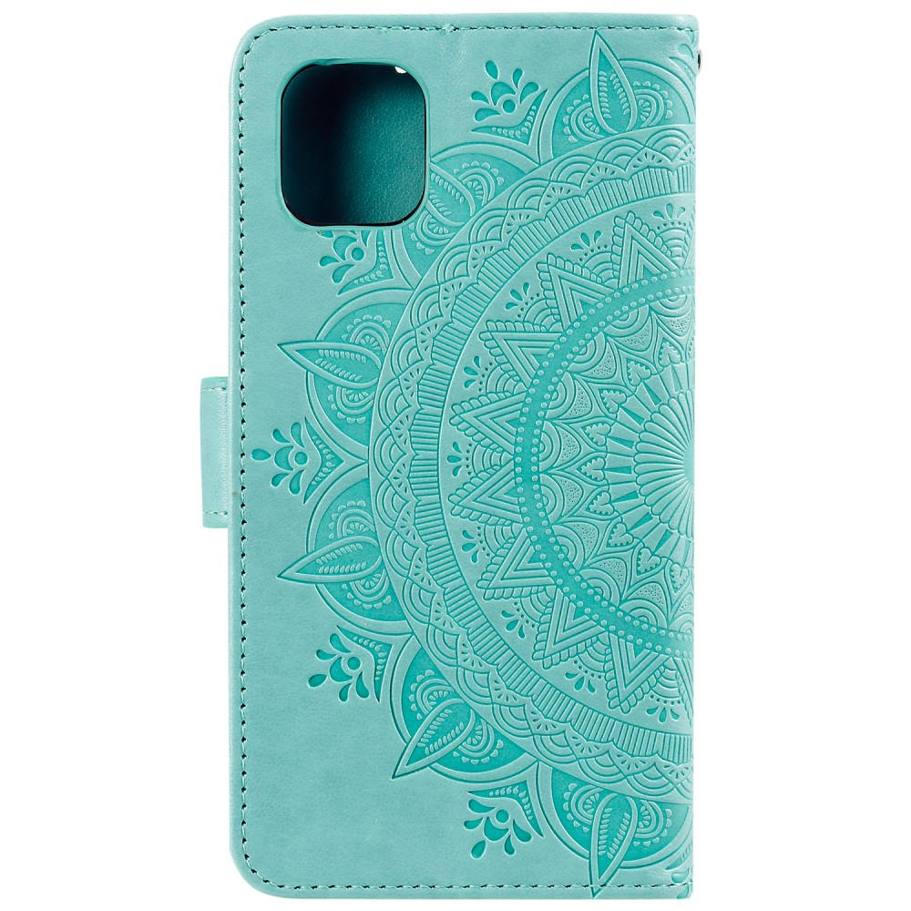 iPhone 13 Pro Leder Tasche Wallet - Mandala Flowers Imprint - Türkis