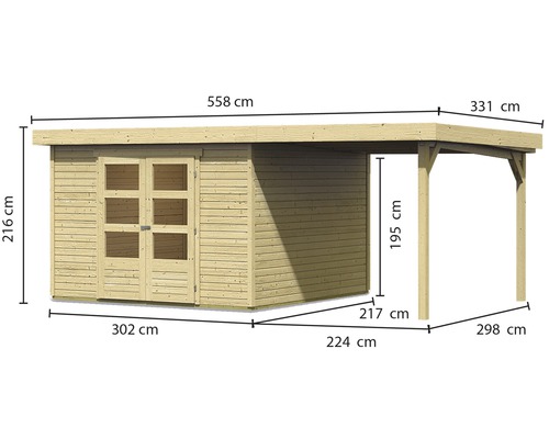Karibu Kodiak 6 tuinhuisset met lessenaarsdak, 576 x 331 cm, natuurlijke afwerking