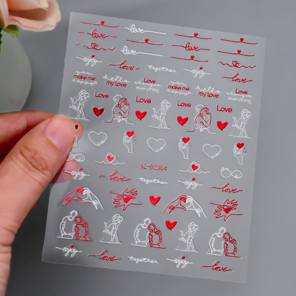 (808-tlg. Set) Nagel Sticker Nail Art Tattoo Selbstklebende Aufkleber Valentinstag - Rot / Weiss