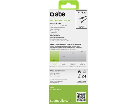 SBS - Chargeur allume cigare Chargeur De Voiture Avec 1 Sortie Usb 1A